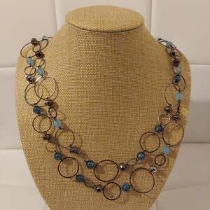 NY Blue and Dark Silver Tone Hoops and Beads Layered 34" Necklace